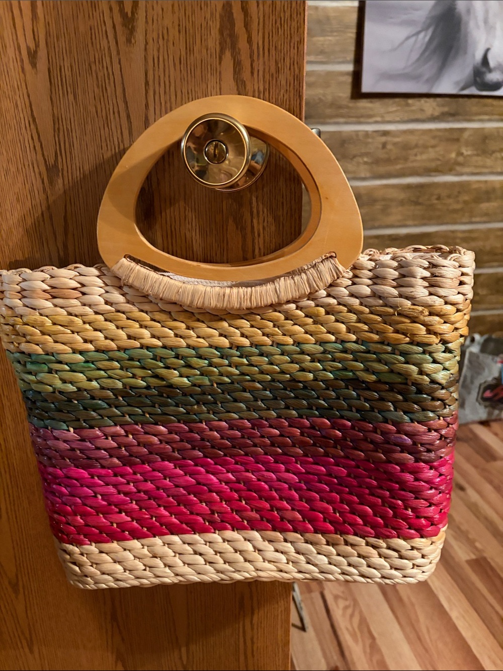Cappelli Straworld Multicolor Woven Straw Tote with Wooden Handles